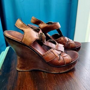 Distressed Brown Leather wooden wedge heels size 6